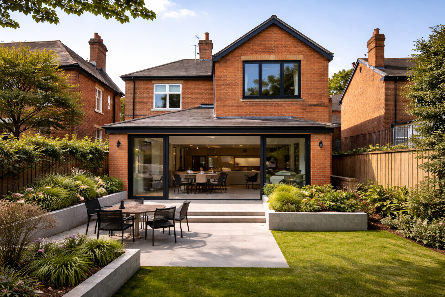 Backyard view of a brick house with a glass extension, outdoor dining table with chairs, and landscaped garden with plants and grass.