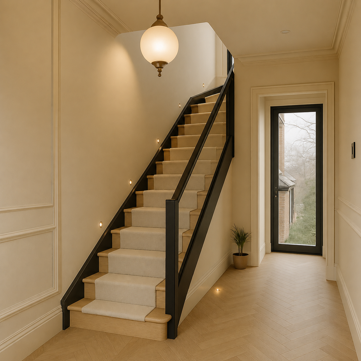 Contemporary entrance hallway with bespoke joinery and natural materials in a Wimbledon home.