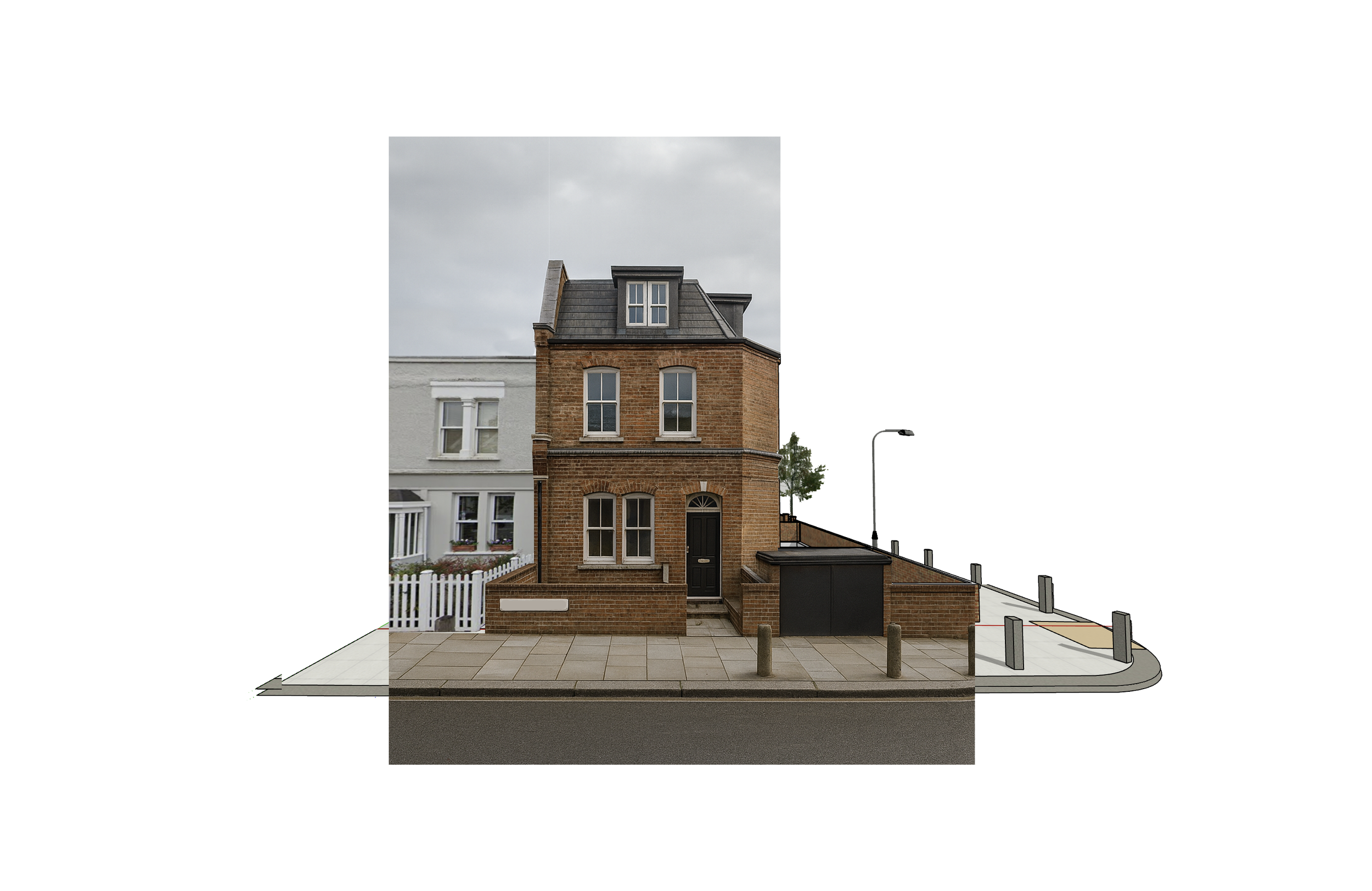 Two-story brick house with black door, arched windows, and gray roof, located on a corner with a sidewalk and street, under a cloudy sky.