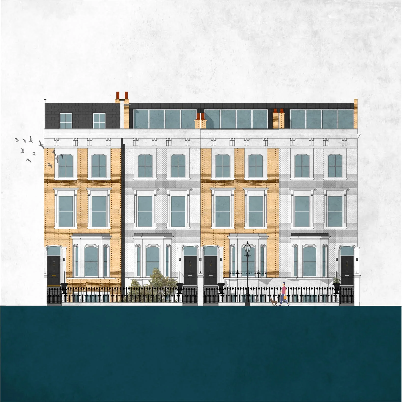 Illustration of a four-story residential building with a modern top floor, brick and white brick facade, black doors, iron fence, lamppost, sidewalk, a woman walking a dog, and birds flying nearby.