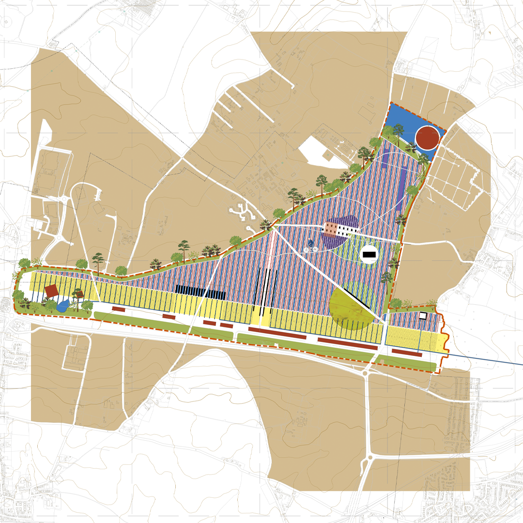 A detailed urban planning map showing different zones with color codes, roads, green spaces, and facilities like a playground, sports areas, and water features.