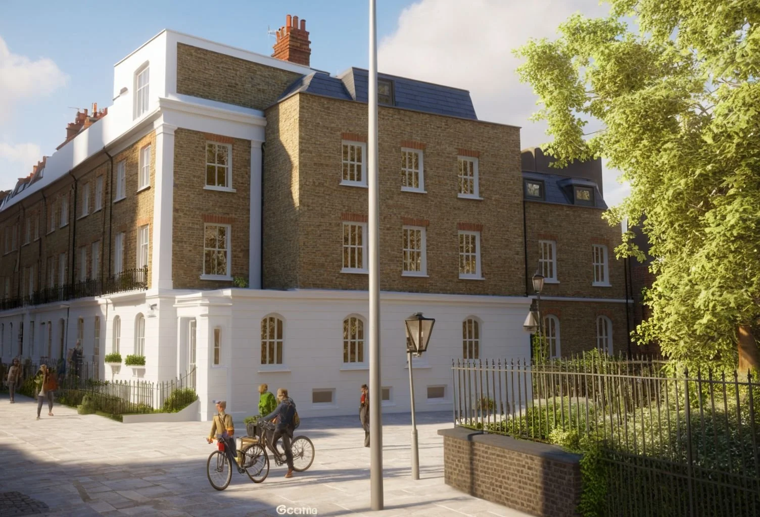 A street scene featuring a multi-story brick building with white trim, a small group of people walking and biking, and green trees with a partly cloudy sky.