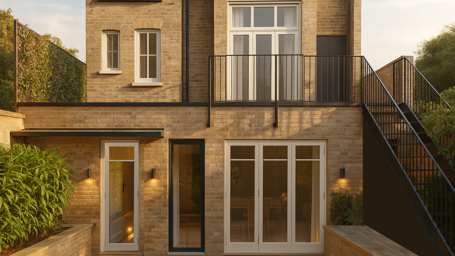 Rear view of a modern two-story brick house with sliding glass doors, windows, outdoor stairs, and balcony, surrounded by greenery during sunset.