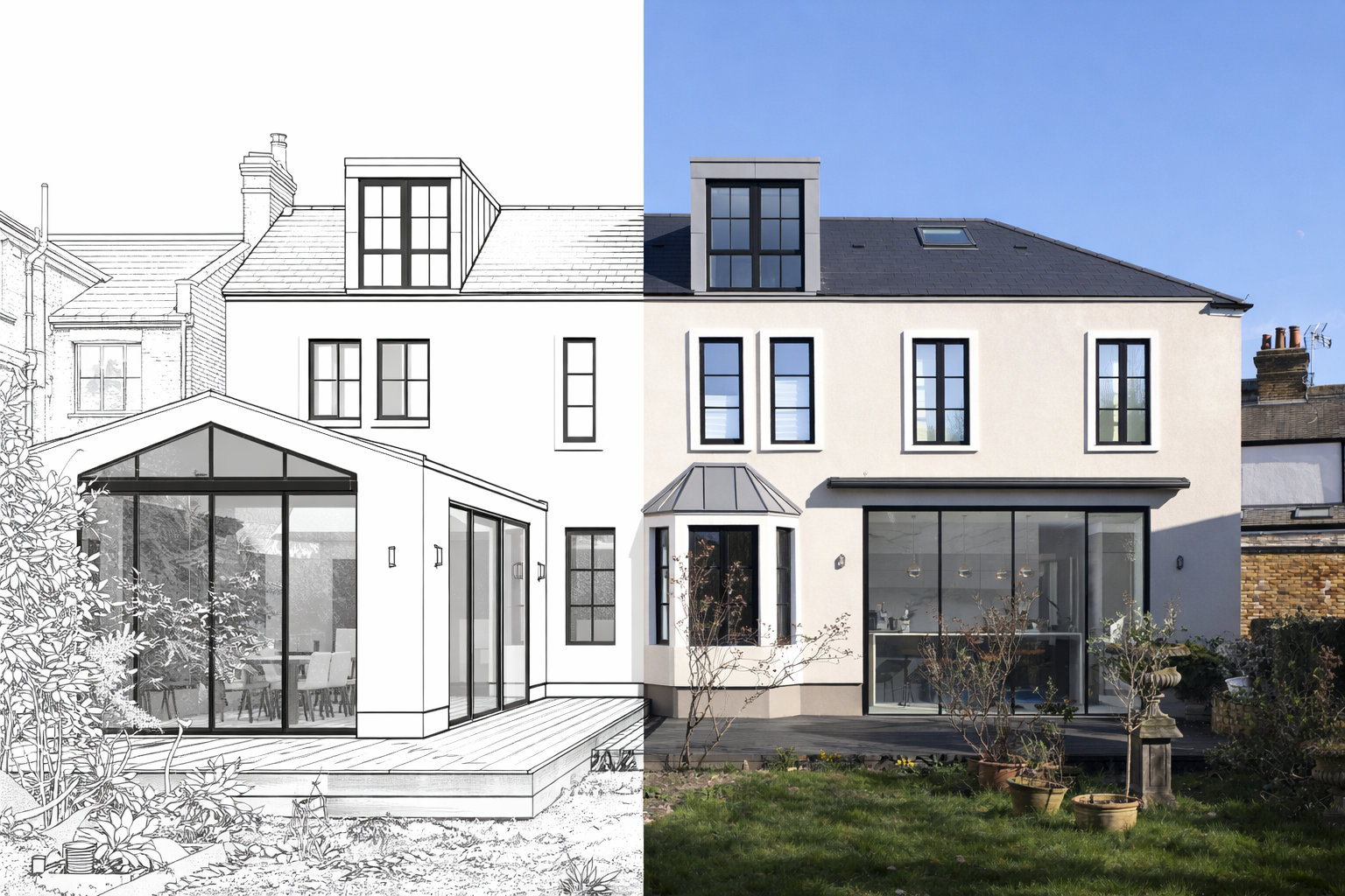 A house depicted in a split view: left side is a black and white line drawing of the house, right side shows the actual finished house with a blue sky background.