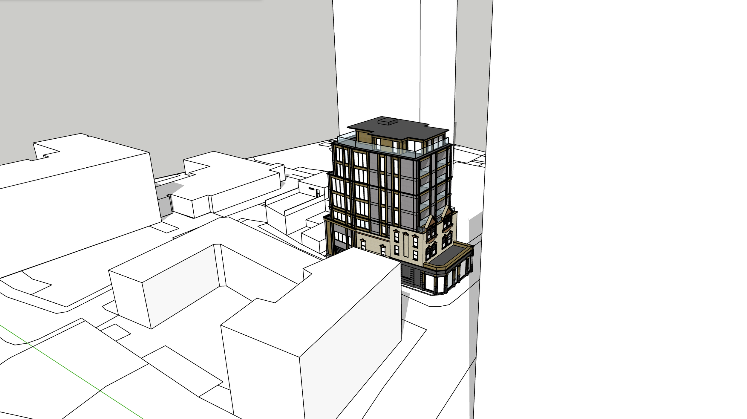 3D architectural massing study of the proposed Wyndham Road mixed-use redevelopment by Atelier Khan.