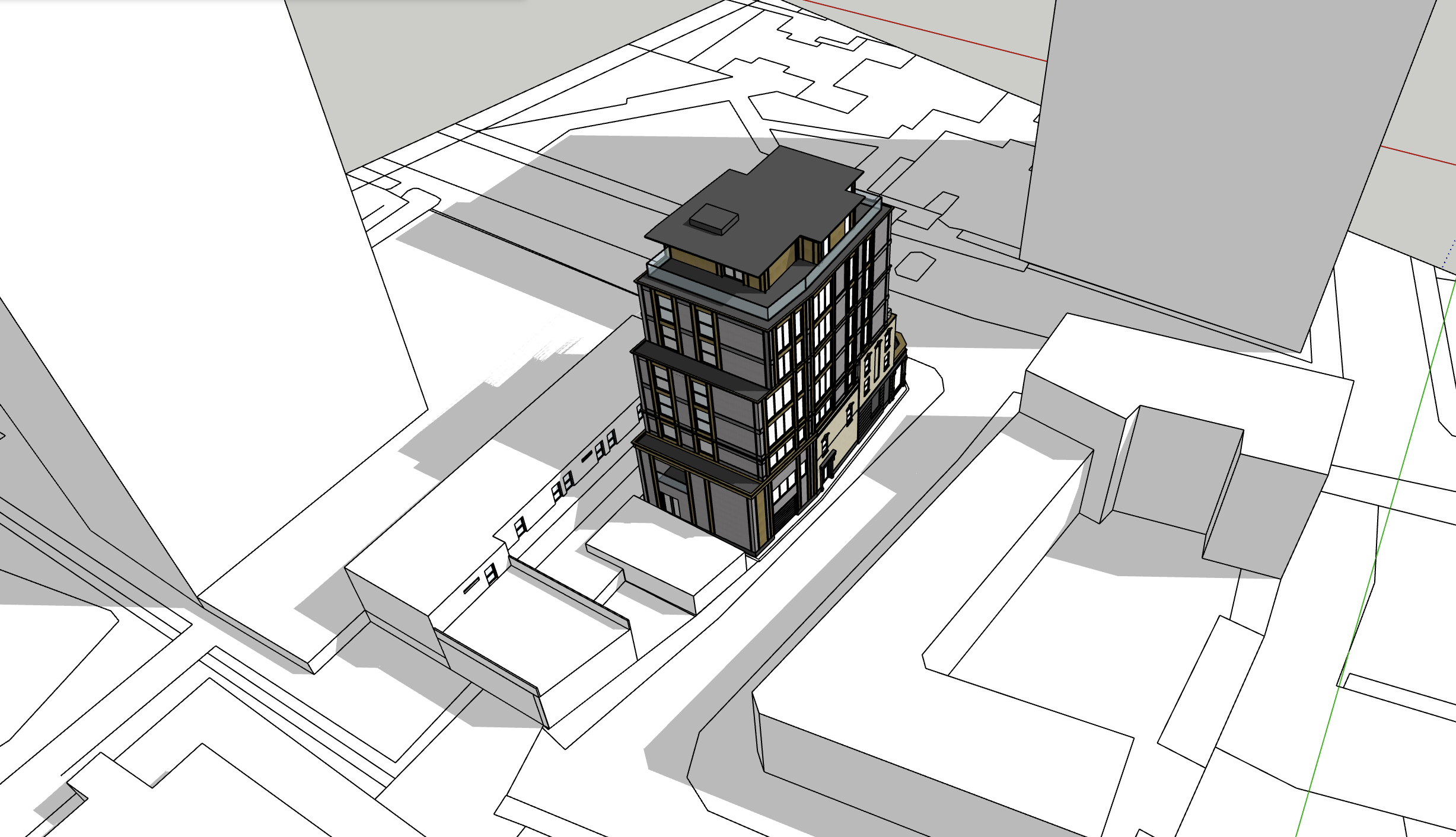 Corner perspective massing model illustrating the scale and form of the proposed Wyndham Road development.