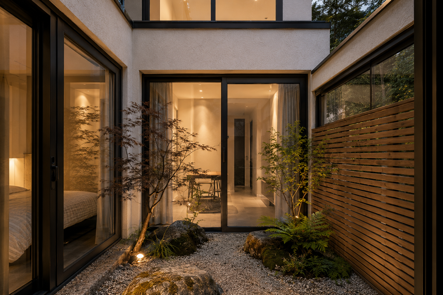 Rear elevation, Zen garden of a bespoke luxury house in Wimbledon with landscaped garden and modern glazing by Atelier Khan.