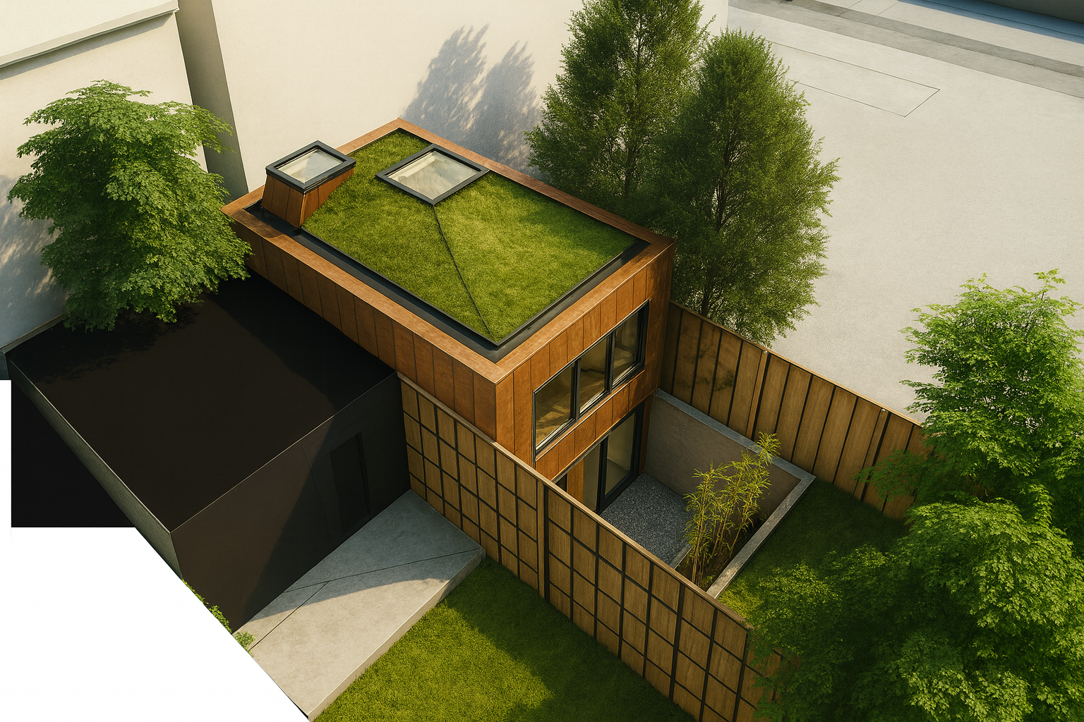 Aerial view of a modern house with green roof, surrounded by trees and a wooden fence.