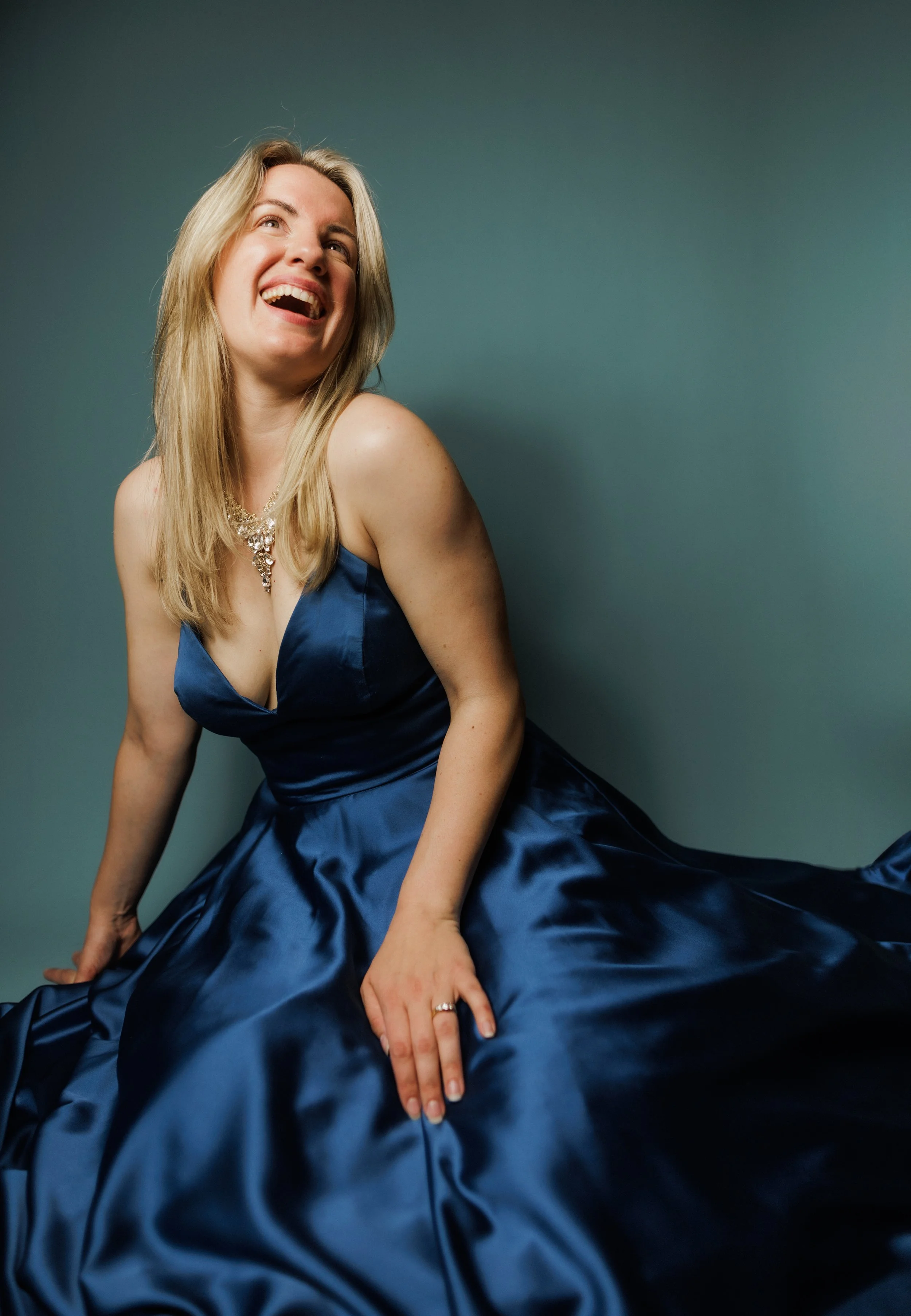 Eve Marie Lyric Soprano opera singer portrait in blue evening gown