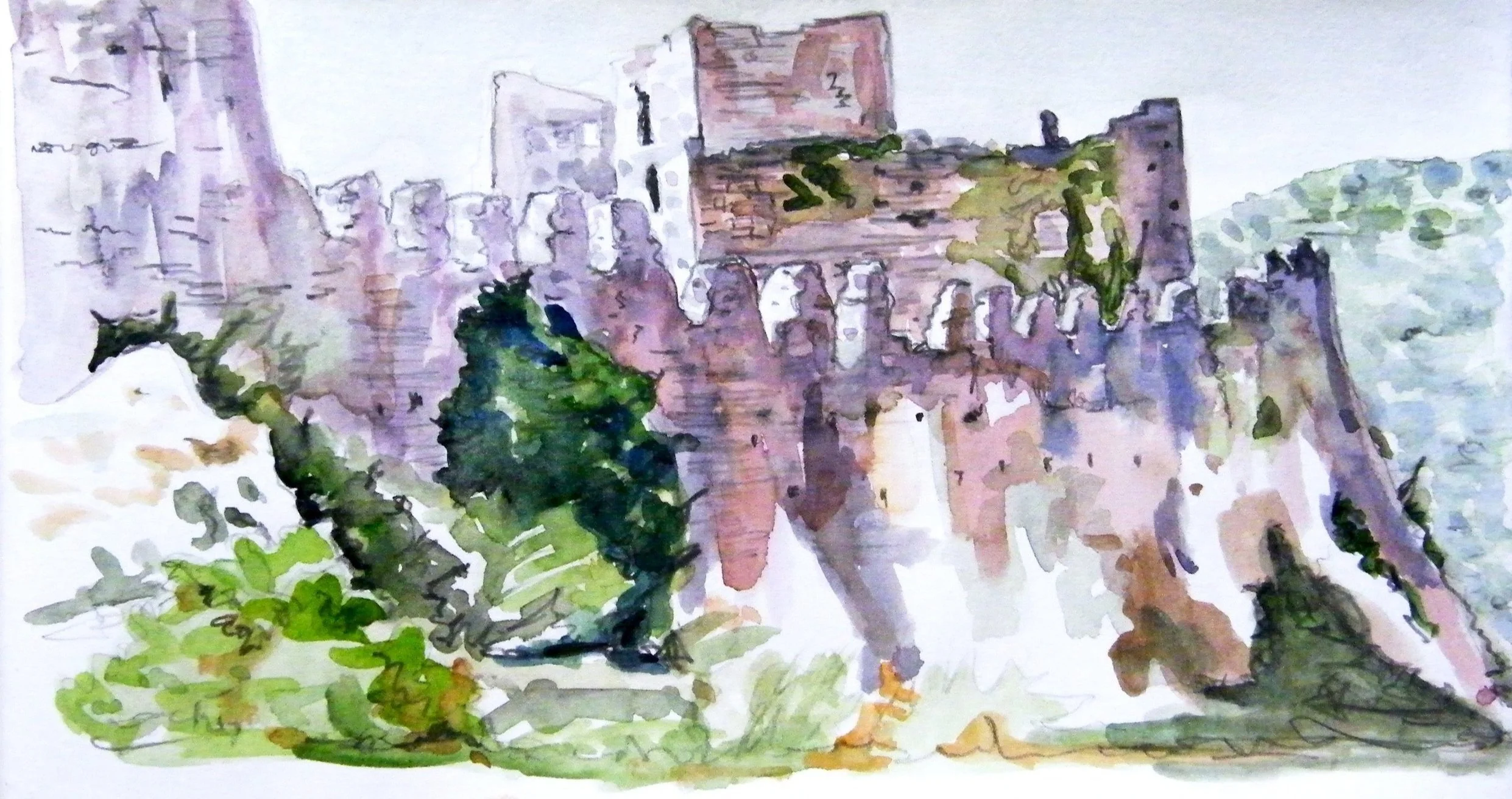 Watercolour painting of castle ramparts
