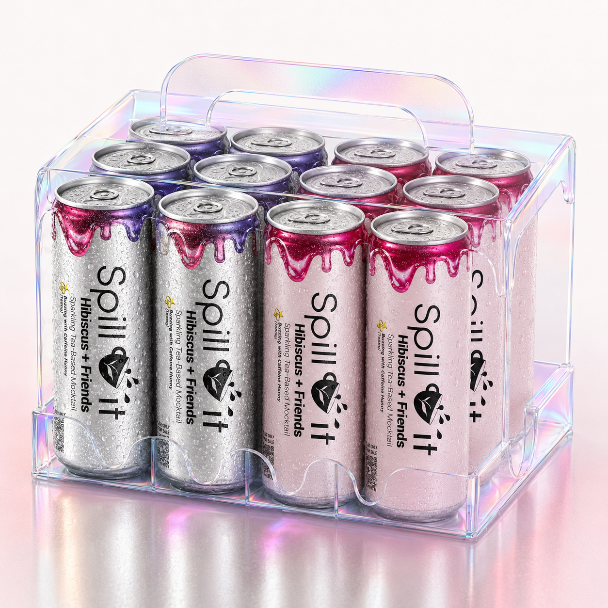 Spill It Hibiscus + Friends caffeinated mocktail case with six blush and six silver cans