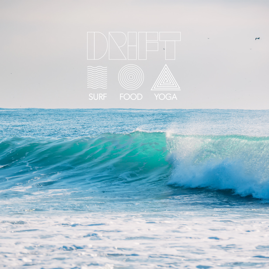 Ocean waves with a light blue-green color, with text overlay promoting drift activities like surf, food, and yoga, with waves and seagulls in the background.
