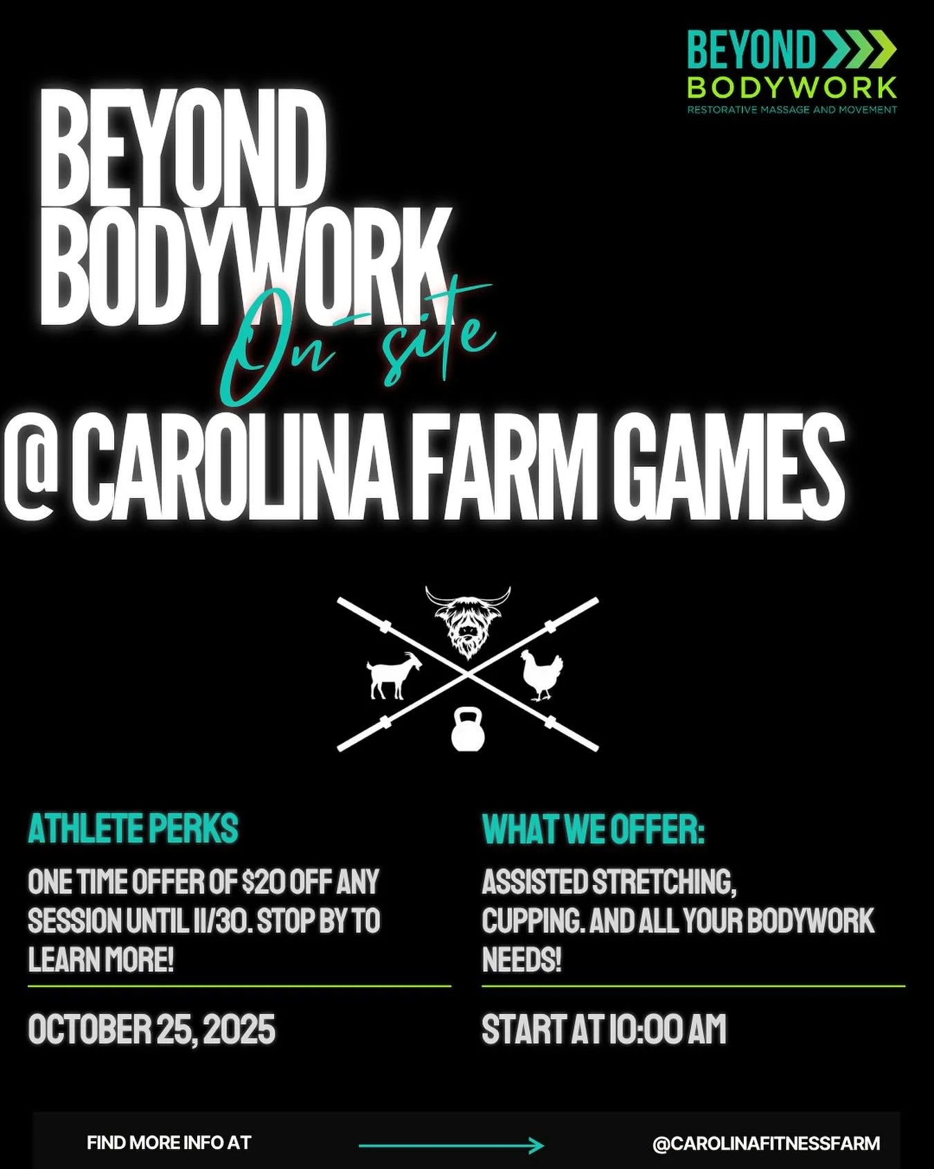 Beyond Bodywork is pulling up to the Farm Games this weekend! 💪 @carolinafitnessfarm 

Come get cupped, stretched, and ready to crush your events. Plus &mdash; athletes get $20 off any session booked before 11/30! 🏋️&zwj;♀️🐐

 #BeyondBodywork #Car