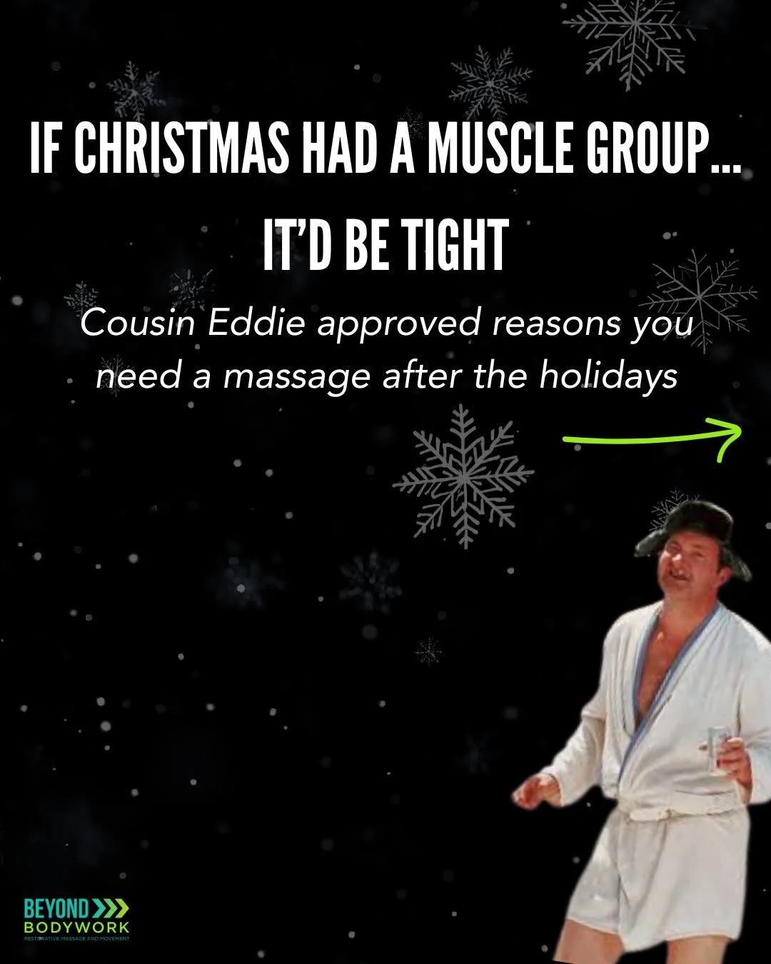 If the holidays are a lot (Cousin Eddie parked the RV in the driveway kind of a lot) then it&rsquo;s time for you to book your spot Christmas massage now! 

Massage = post-holiday damage control.
Let&rsquo;s get you back to feeling normal(ish).

📍 B