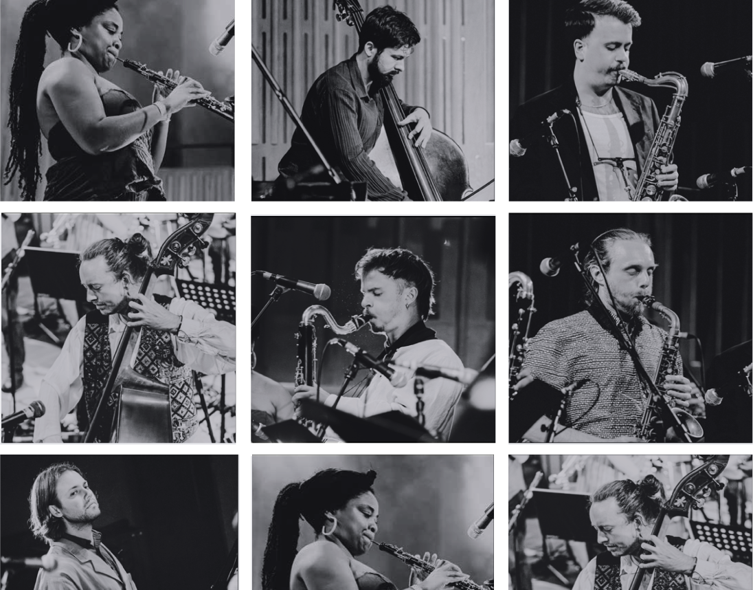 a montage of photos of musicians playing their instruments