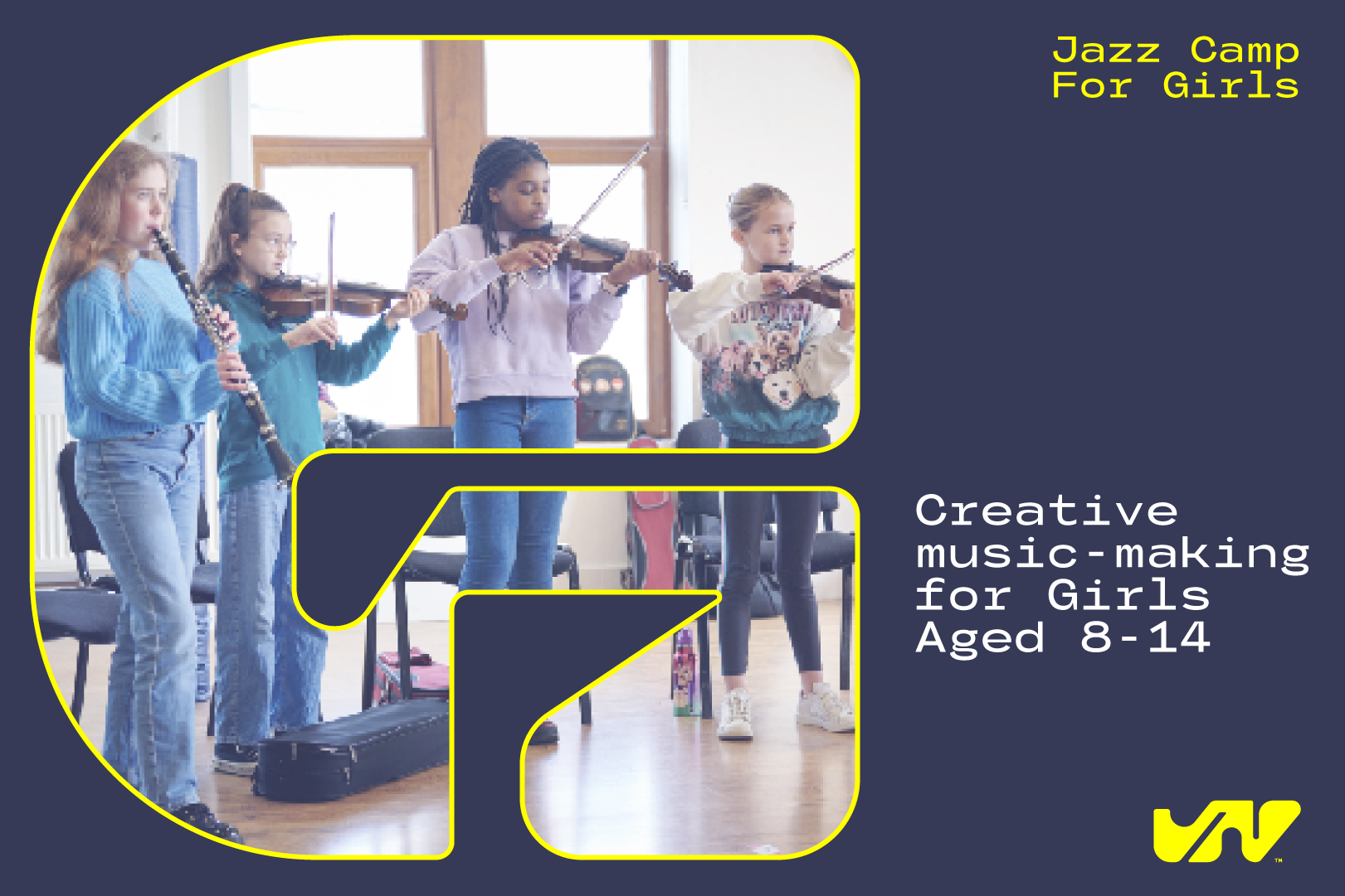 photo of girls playing their instruments at a jazz camp set inside the letter G on a dark blue background