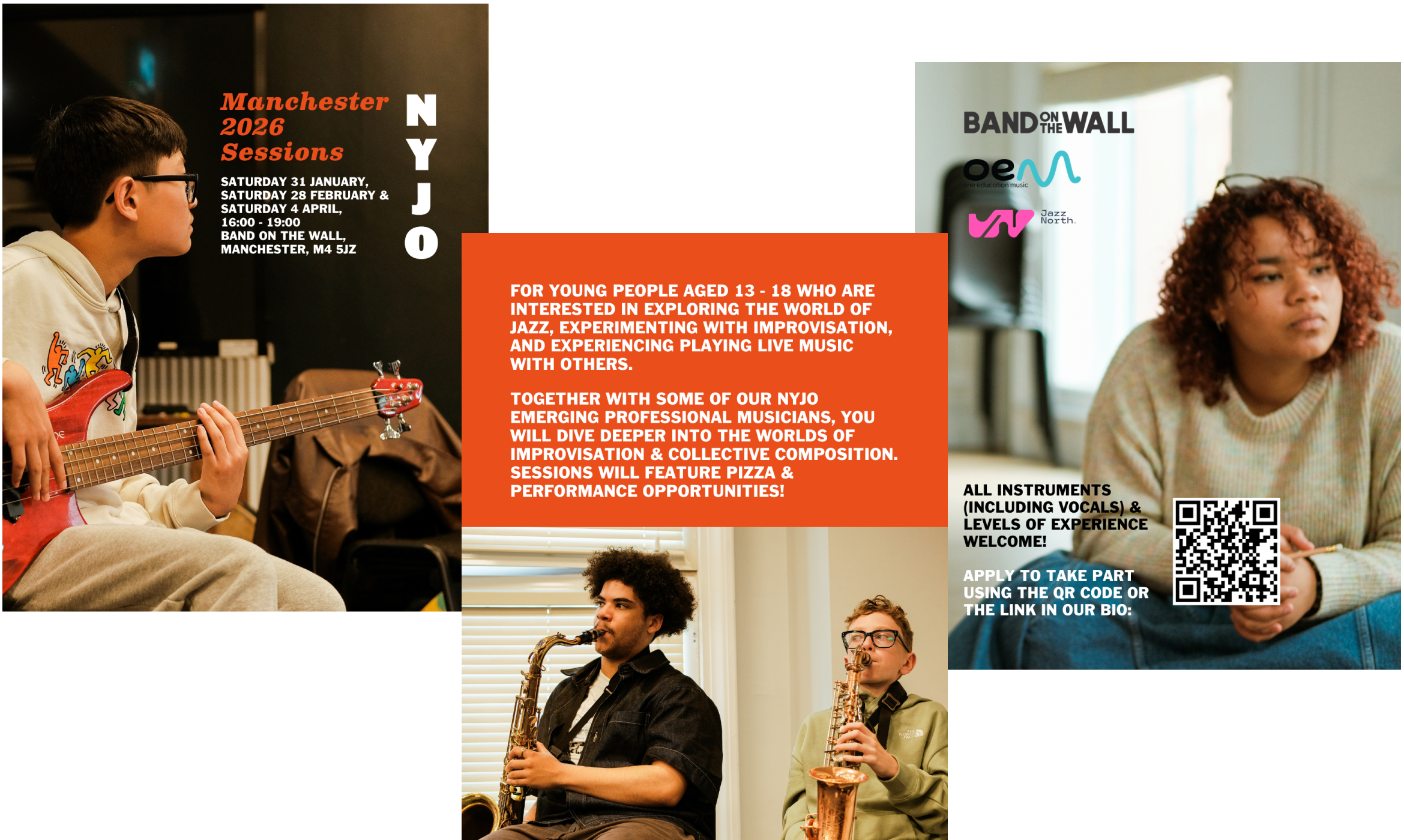 3 flyers for the NYJO workshops at Band on the Wall