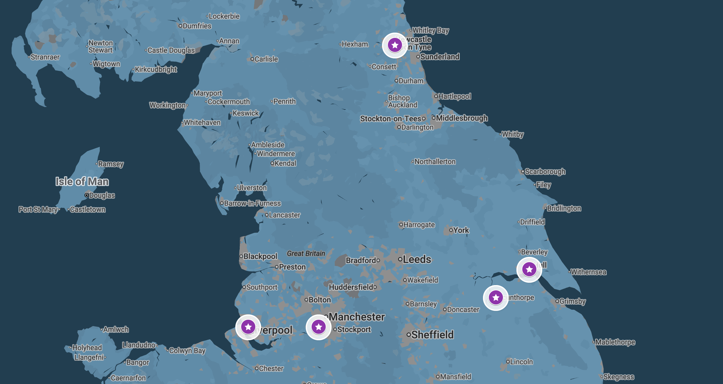 map of the north of england with icons marking the locations of this 2026 jazz camps