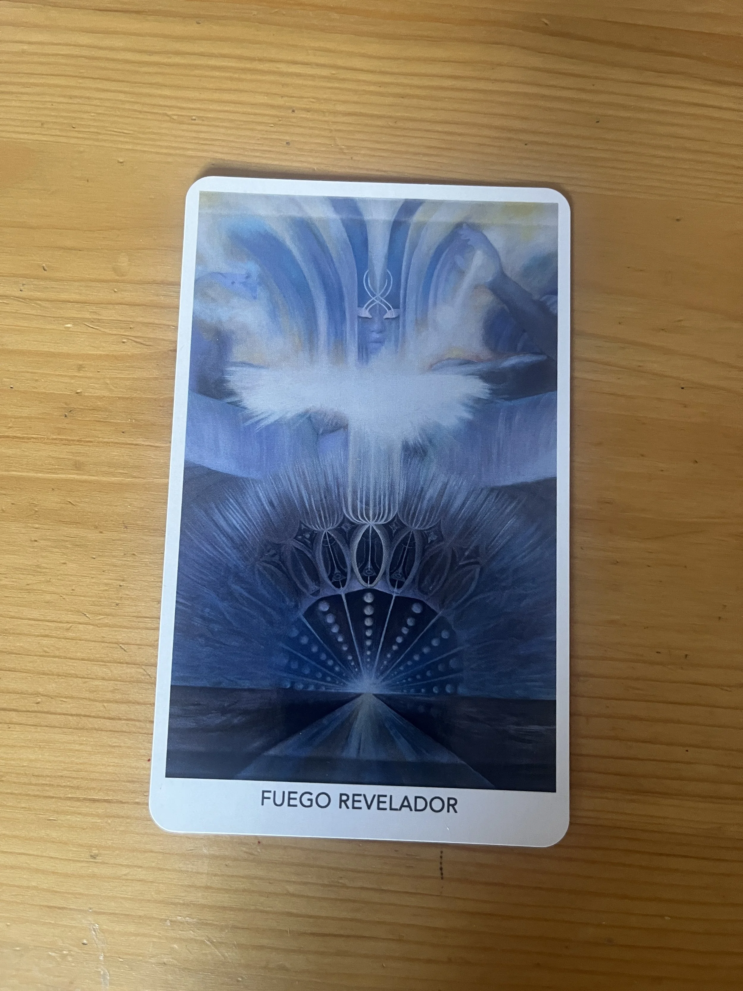 The Fuego Revelador card features abstract blue and white artistic imagery with flowing lines and symmetrical patterns.