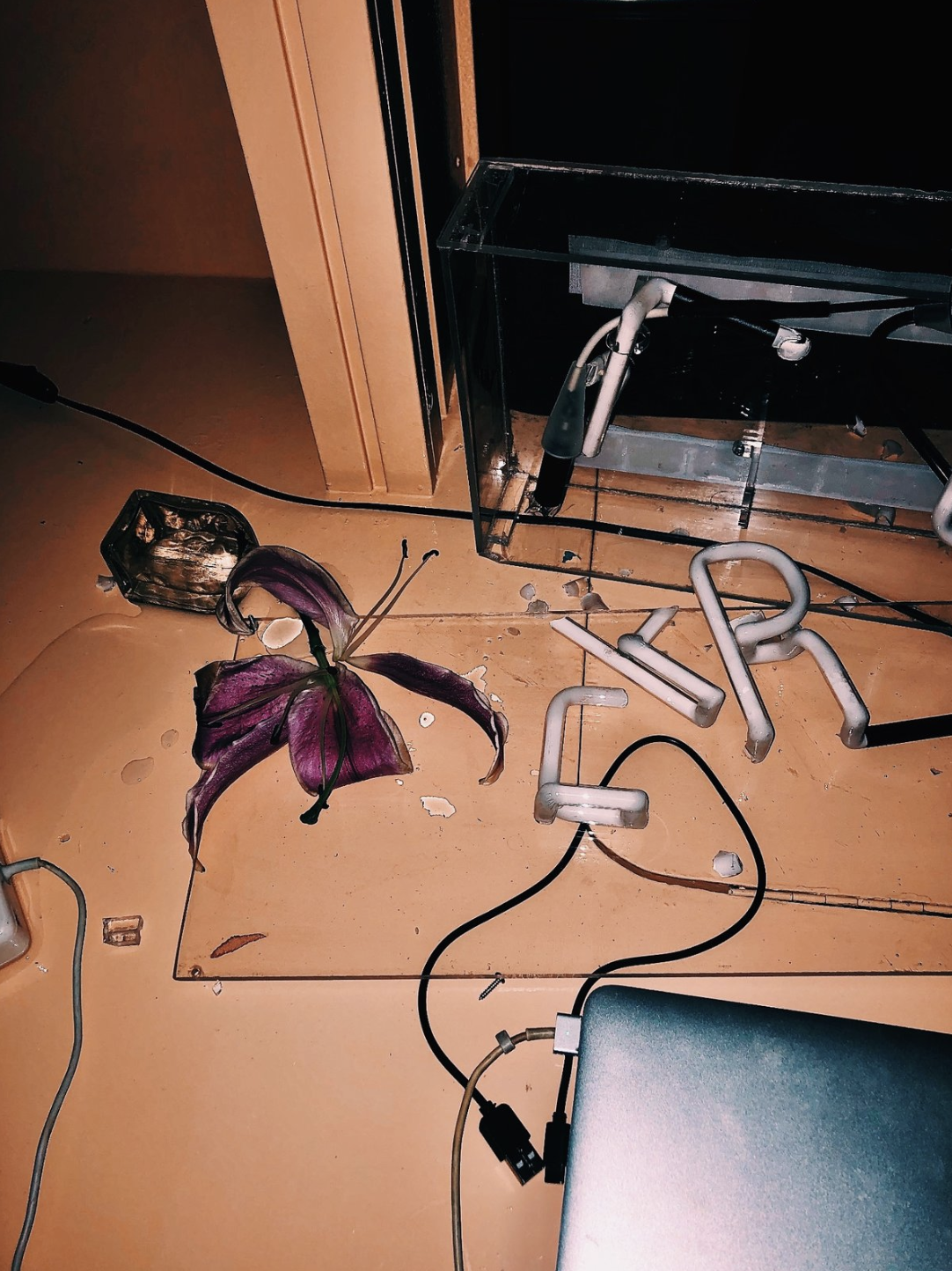 Disorganized desk with broken fluorescent light bulbs, a wilted purple flower, scattered debris, and electronic cables on a wooden surface.