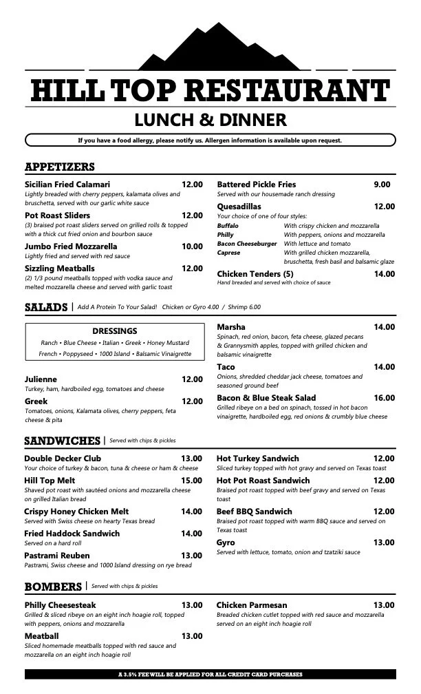 Menu — Hilltop Restaurant