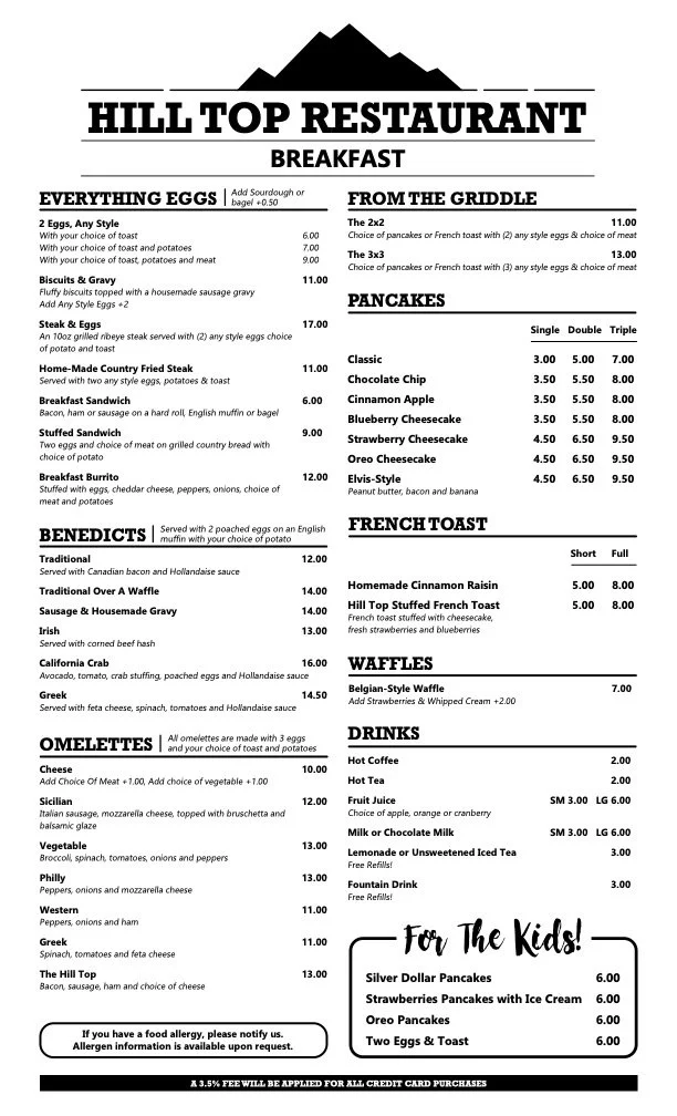 Menu — Hilltop Restaurant