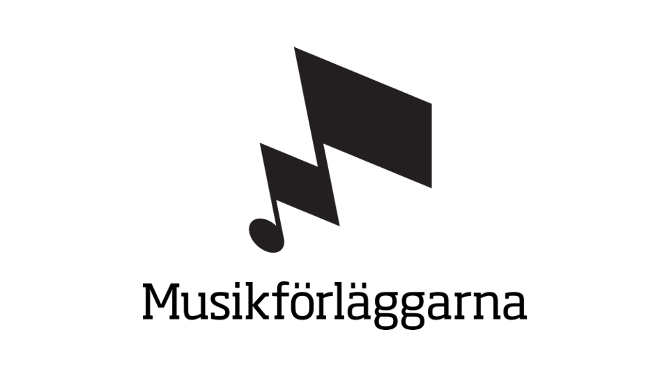 En svart ikon av en not som också är en musiksymbol, med texten "Musikförläggarna" under.