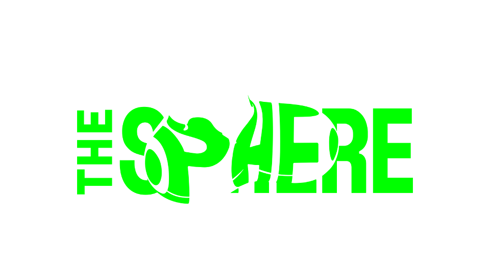 Texten "THE SPHERE" i grönt med viss förvrängning och dipning.