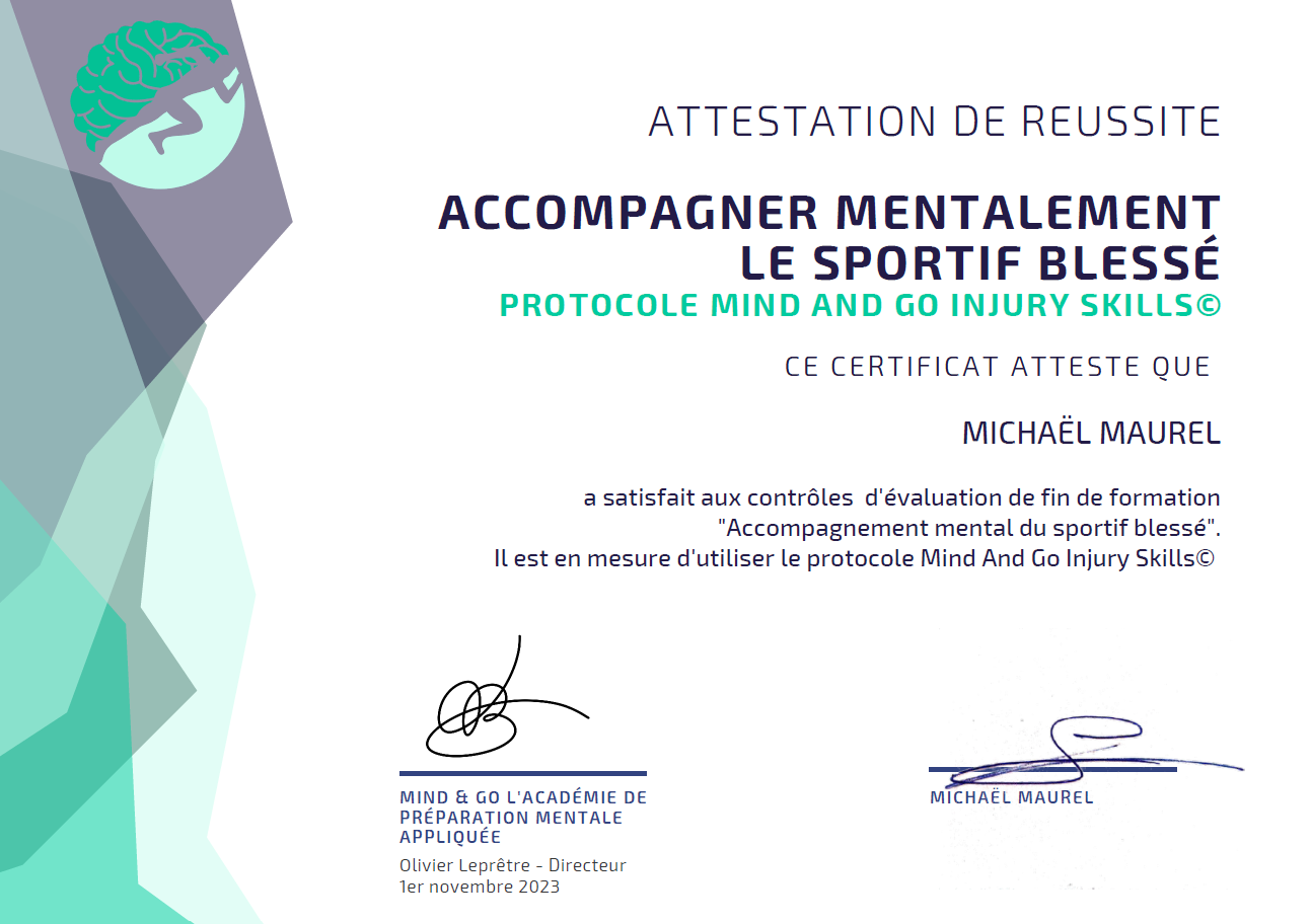 Certification accompagnement mental sportif blessé Mind And Go Michaël Maurel