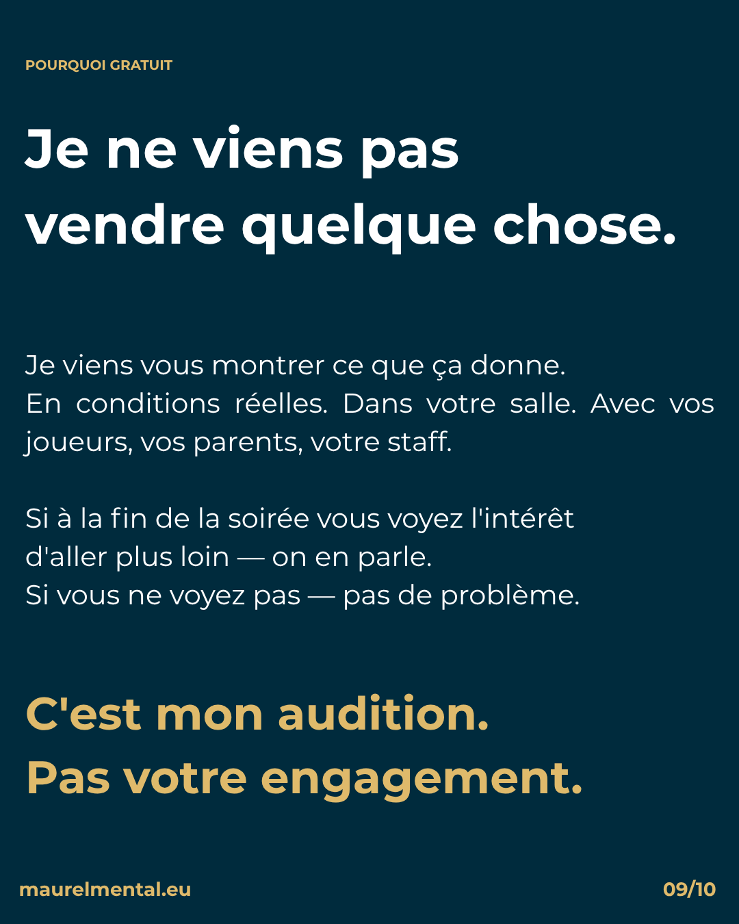 Positionnement Michaël Maurel préparateur mental clubs rugby PACA : conférence gratuite comme démonstration terrain, sans engagement commercial. "C'est mon audition. Pas votre engagement."