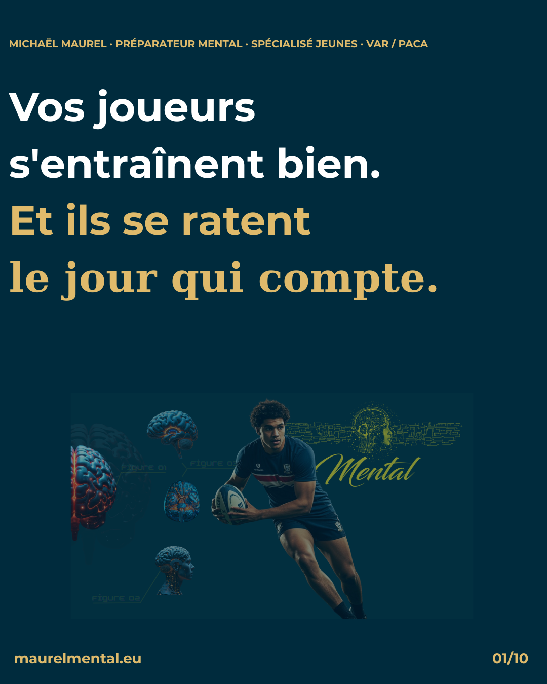 Conférence gratuite préparation mentale clubs rugby PACA. Texte : "Vos joueurs s'entraînent bien. Et ils se ratent le jour qui compte." Illustration rugbyman et cerveau sur fond teal. Michaël Maurel préparateur mental Var.