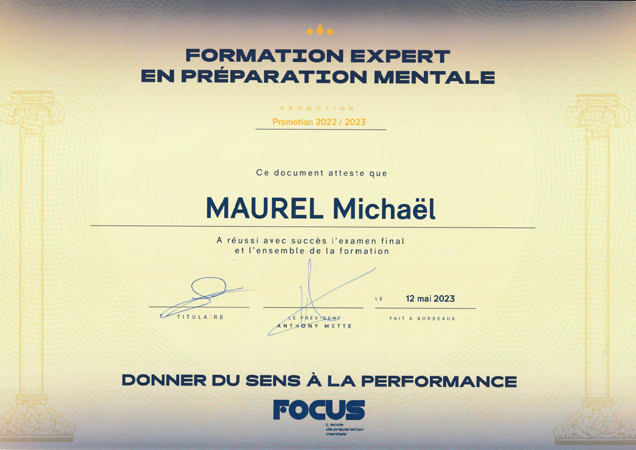 Diplôme expert préparation mentale FOCUS Anthony Mette Michaël Maurel