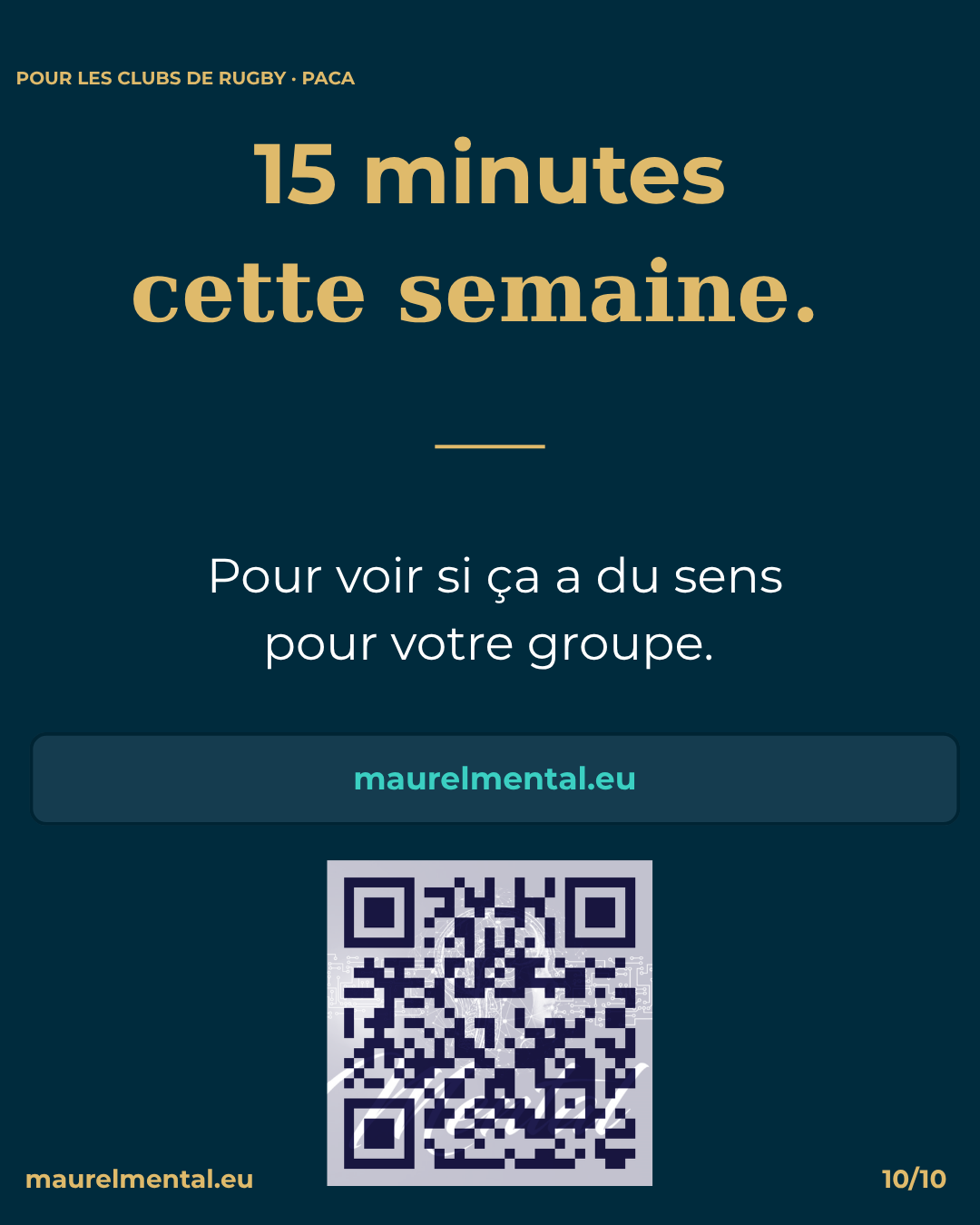 Appel à l'action conférence gratuite préparation mentale rugby clubs PACA : 15 minutes d'échange avec Michaël Maurel préparateur mental Var. QR code et lien maurelmental.eu pour prendre contact.