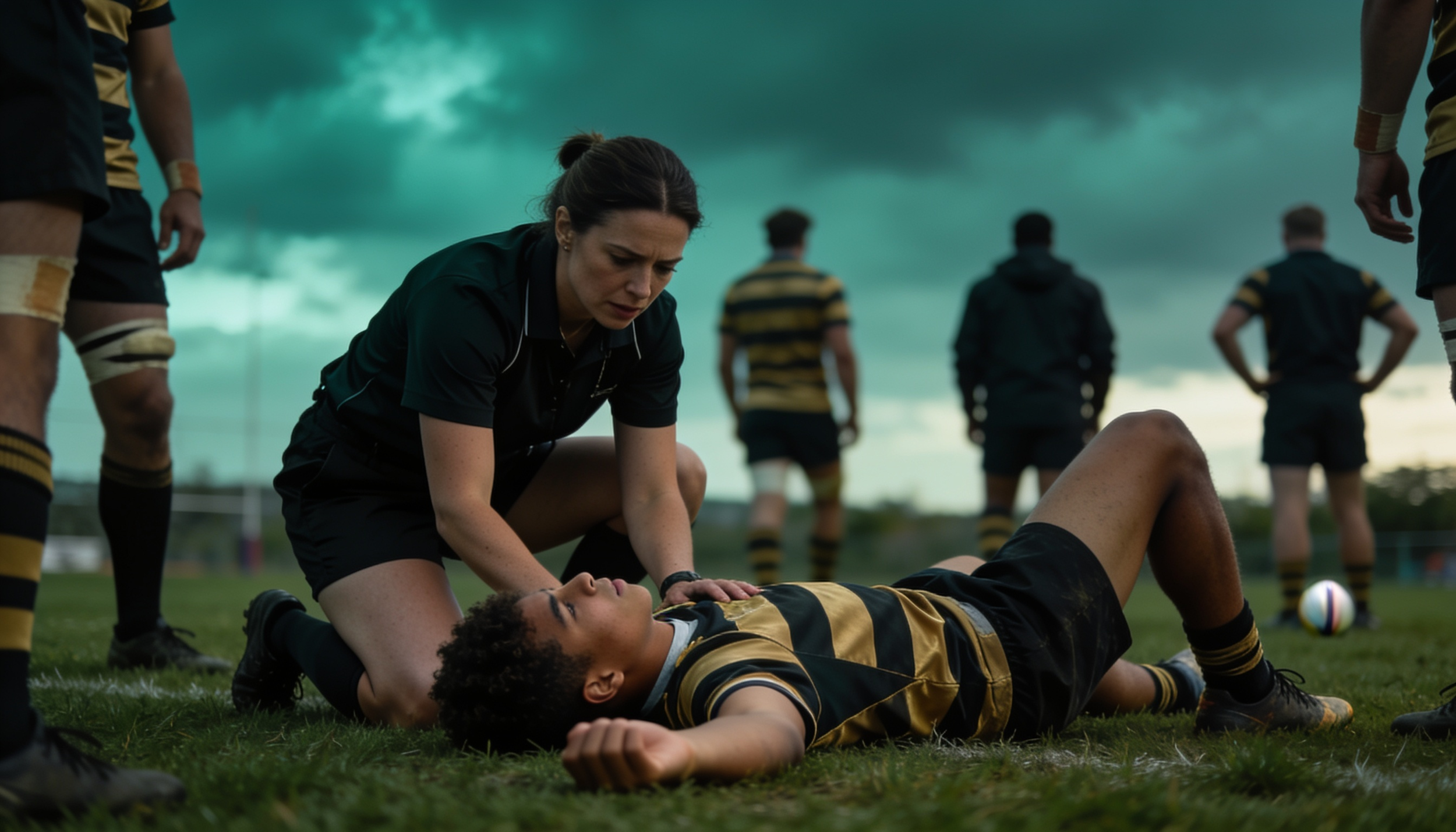 Jeune rugbyman au sol arbitre protocole commotion cérébrale sortie terrain prévention
