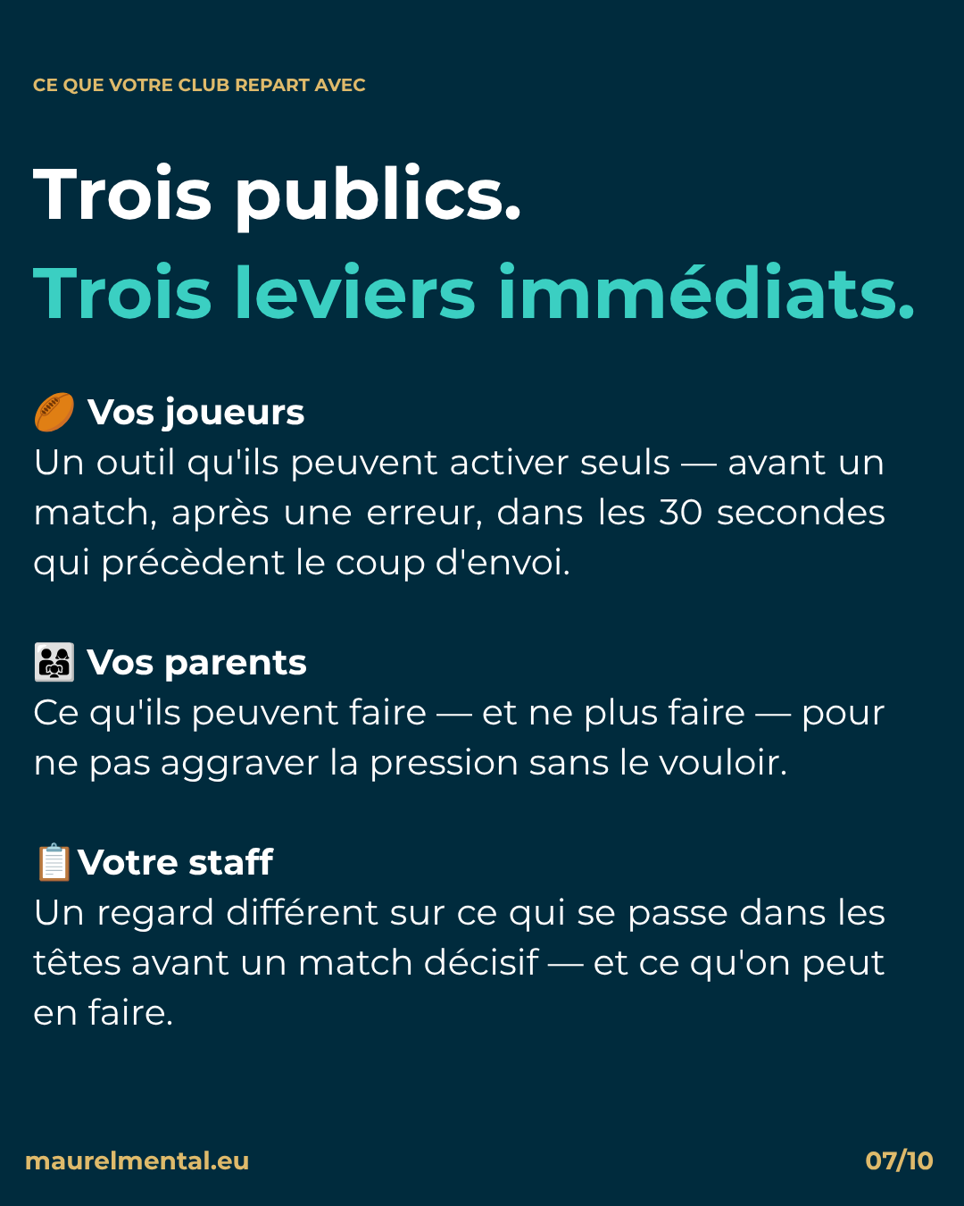 La conférence s'adresse à tout votre club en même temps. Vos joueurs repartent avec un outil concret qu'ils activent seuls. Vos parents comprennent ce qu'ils peuvent faire — et ne plus faire. Votre staff a un regard différent sur ce qui se passe dans