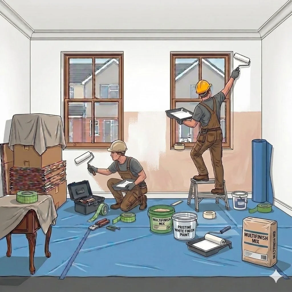 Two workers painting interior walls of a room with rollers, one standing on a step ladder and the other kneeling, with painting supplies and tools scattered around.