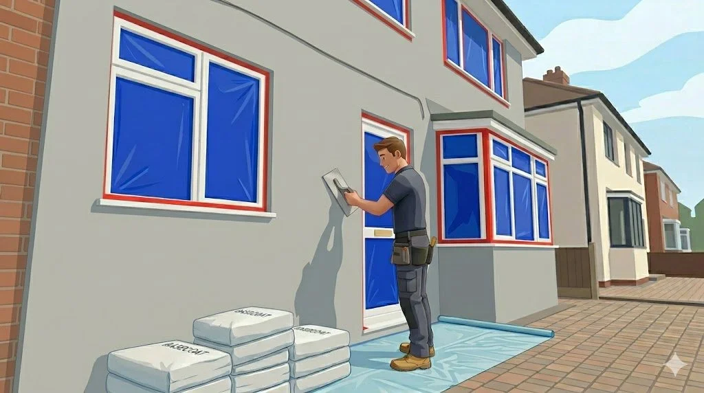 A construction worker reviewing plans outside a residential building.