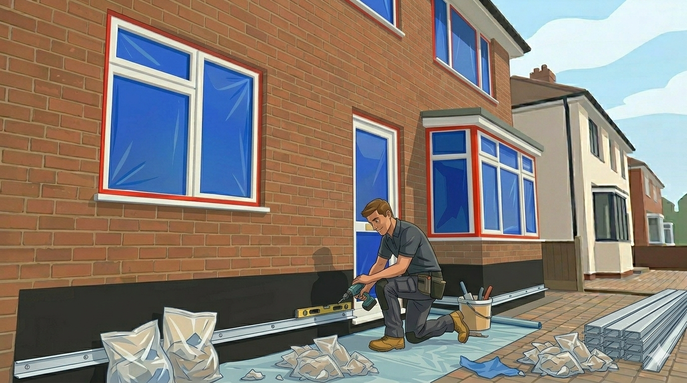 A construction worker installing siding on the foundation of a residential building.