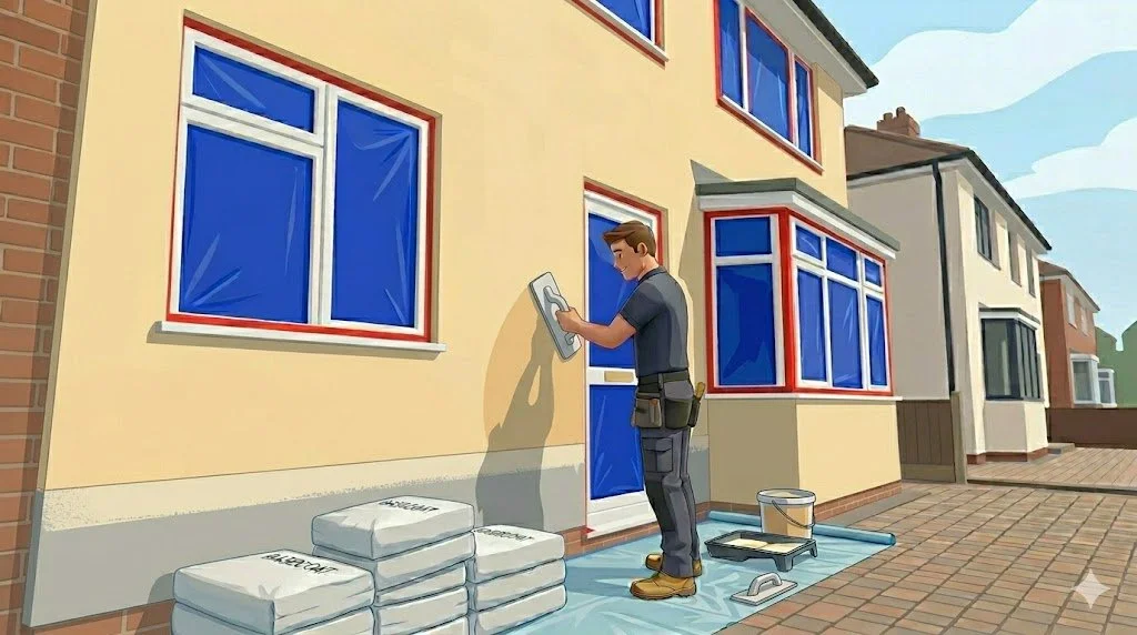 A man working on painting or decorating the exterior of a yellow house with blue windows, using a roller brush. There's a pile of white bags, a paint bucket, and painting tools nearby on the ground.