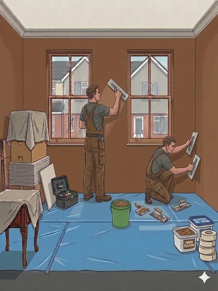 Two workers installing drywall in a room, using trowels and tools, with everything covered by a blue tarp on the floor, and window sunlight illuminating the space.