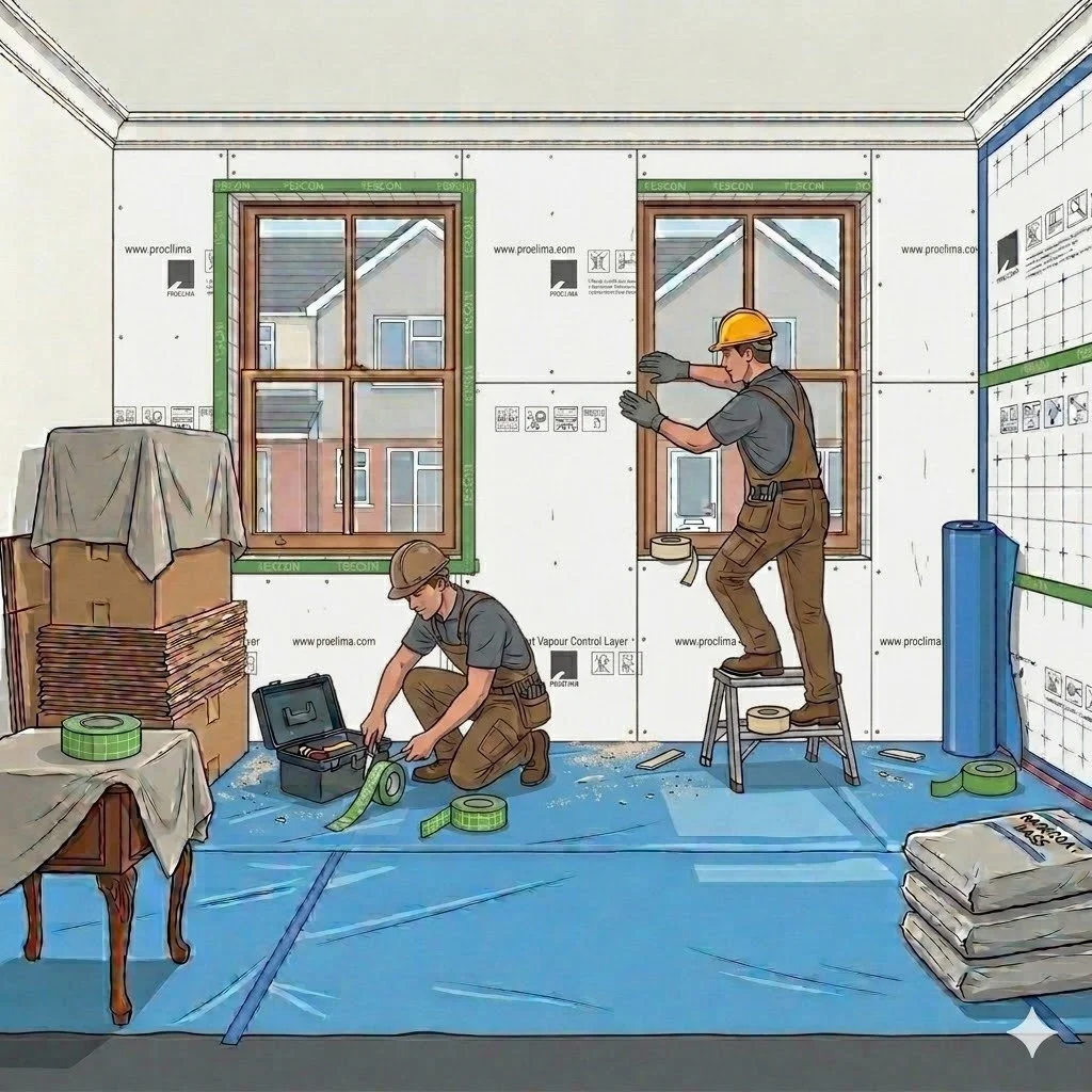 Construction workers installing windows in a room under renovation, with tools, insulation, and building materials around them.