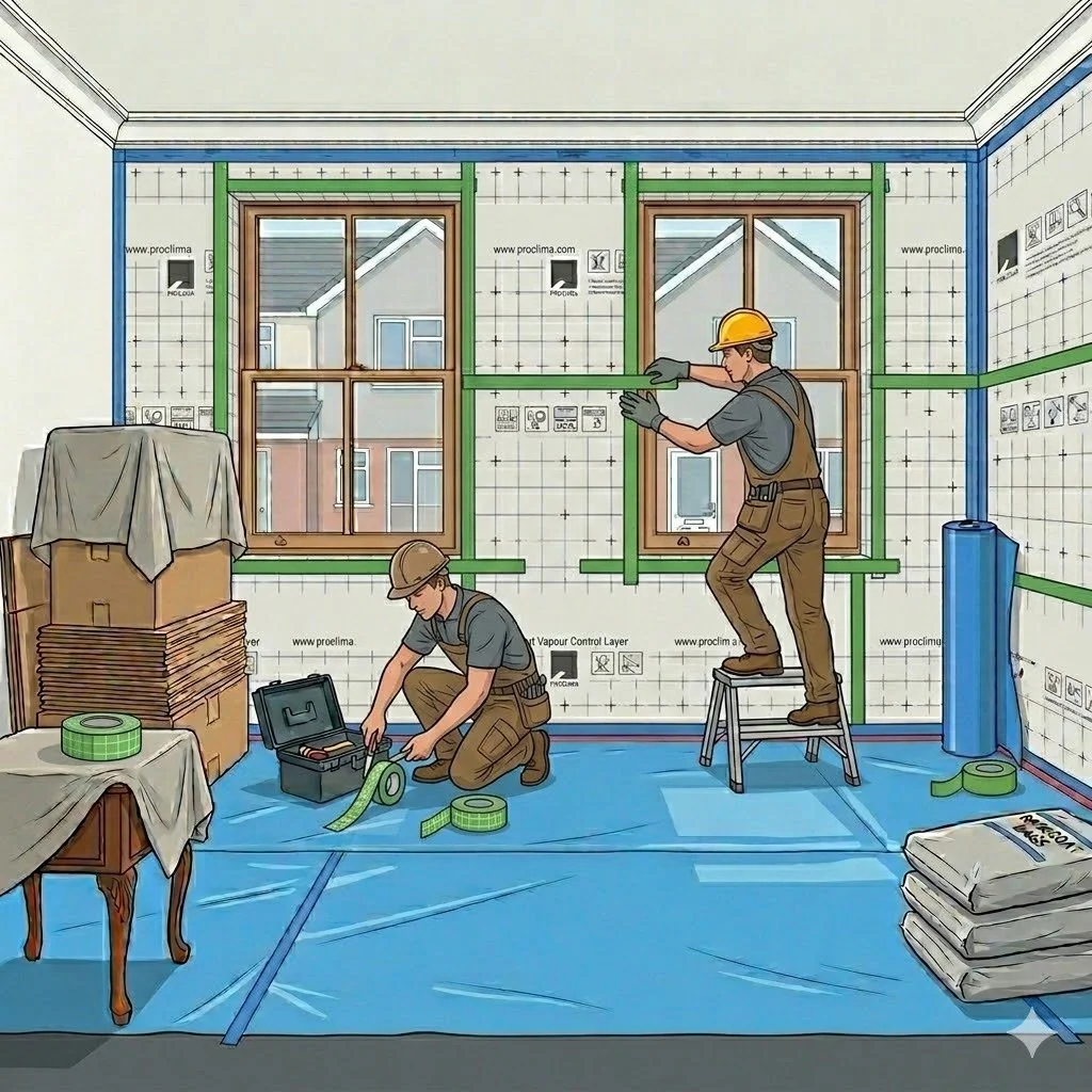 Construction workers installing windows inside a room, with tools and materials around them.