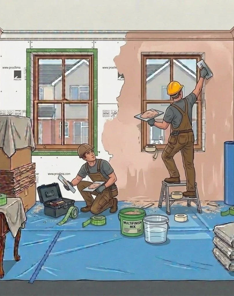 Construction workers installing a window in a room, with one worker on a step stool smoothing the wall around the window and the other kneeling on the floor measuring and preparing materials.