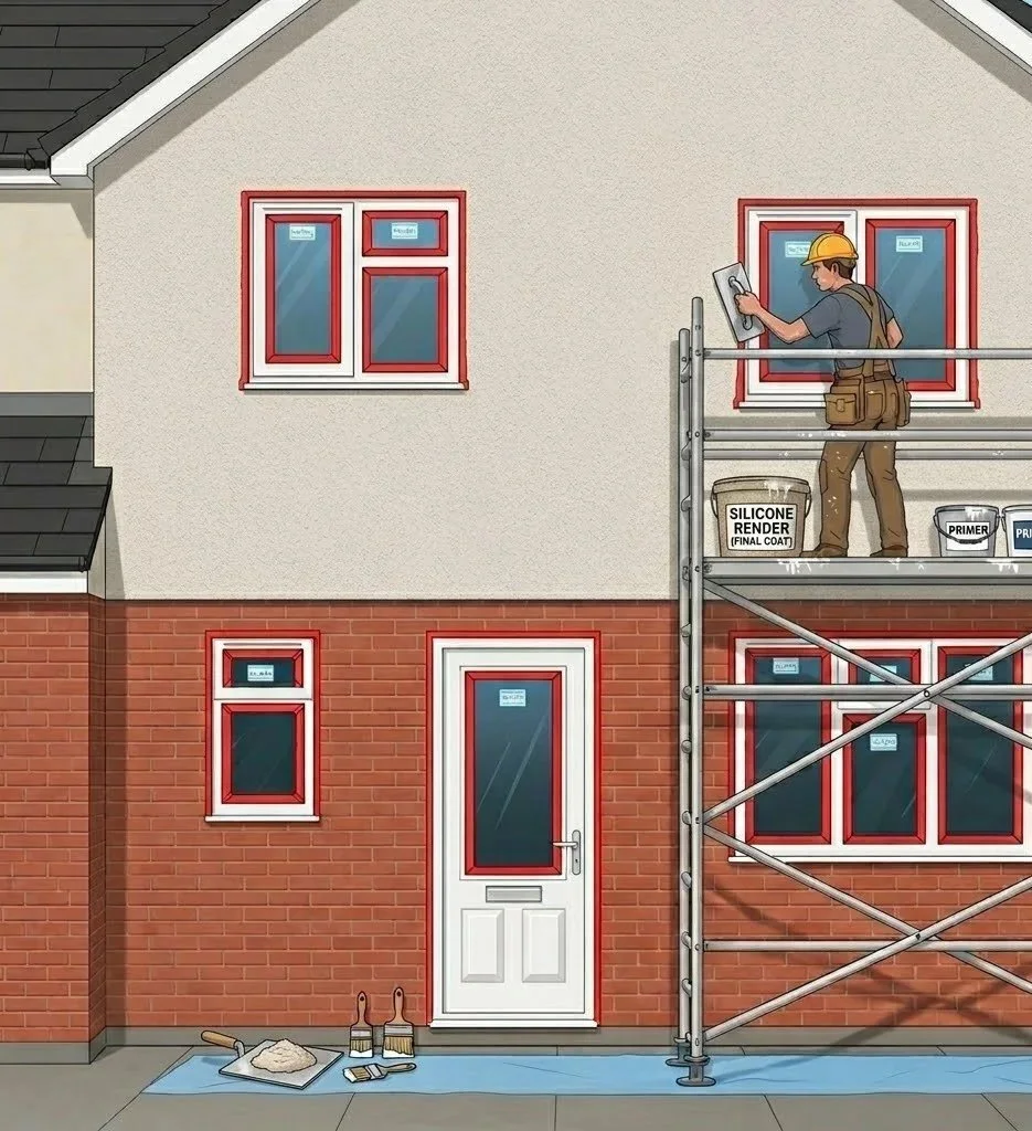 A construction worker on scaffolding painting window frames on a house, with paint supplies and construction tools nearby.