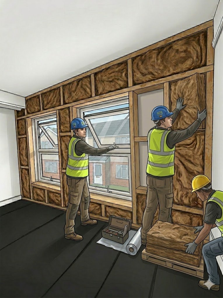 Three construction workers installing insulation in a wall of a room, with two windows and wooden framing.