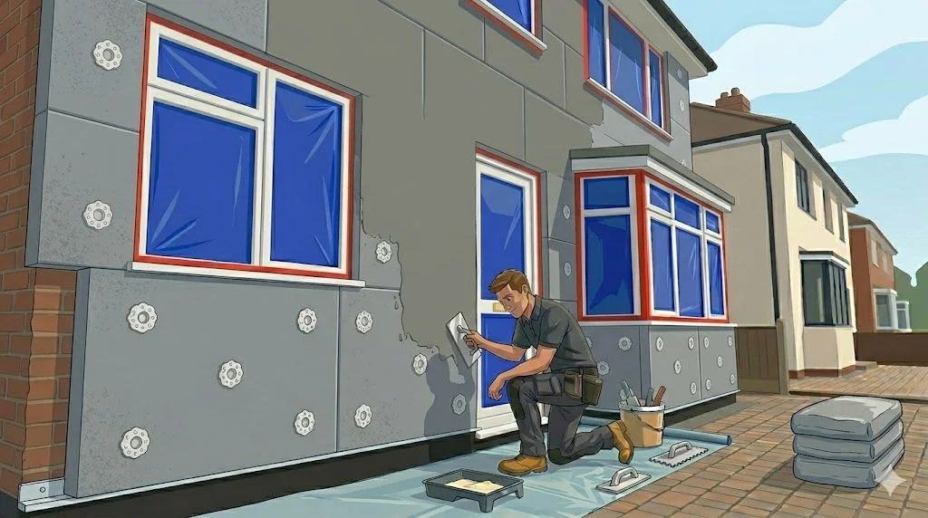A construction worker installing insulation or siding on the exterior wall of a house during a renovation or construction project.
