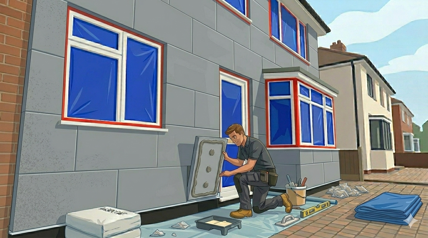 A construction worker installing a new window on the exterior of a house. The worker is kneeling on the ground, holding a window frame, with tools and materials scattered around.