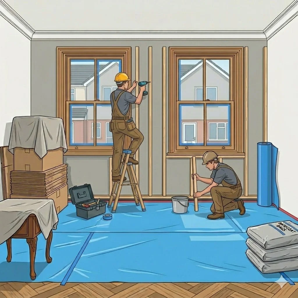 Two construction workers installing window trim inside a house. One worker is standing on a ladder using a power drill, and the other is kneeling on the ground measuring with a level. The room has construction materials and tools, with a blue plastic protective sheet on the floor.