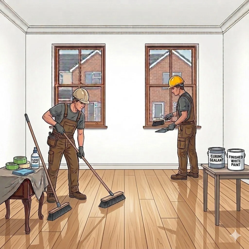 Two workers in safety helmets and gloves are cleaning a wooden floor inside a house. One is sweeping while the other is preparing to apply white paint or sealant. There are windows showing neighboring houses, and two containers labeled 'Curing Sealant' and 'Finished White Paint' on a small table.