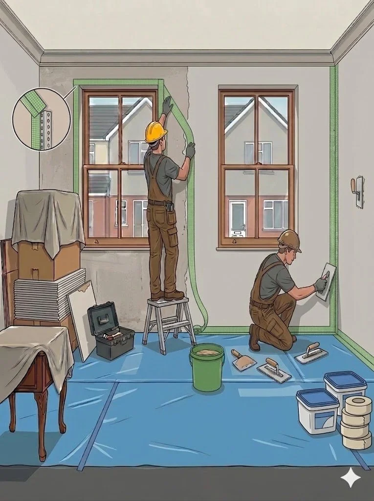 Two workers installing trim around windows in a room, with various tools, buckets, and supplies on the floor.